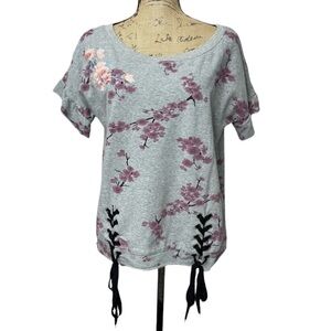 Billy T Embroidered Pink Blossom Print Tie Up Ruffle Sleeve Crop Top